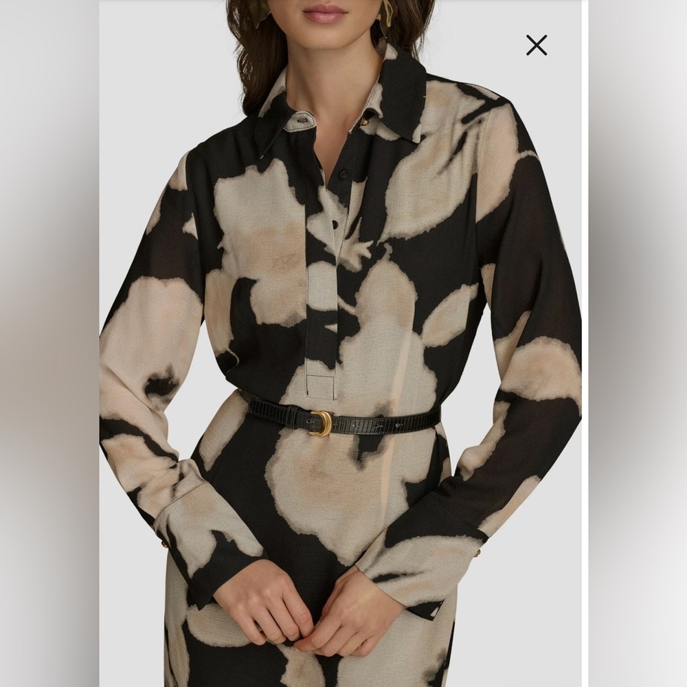 Donna Karan Floral Black, taupe and Cream Midi Dress with one side kick pleat. - Picture 4 of 9